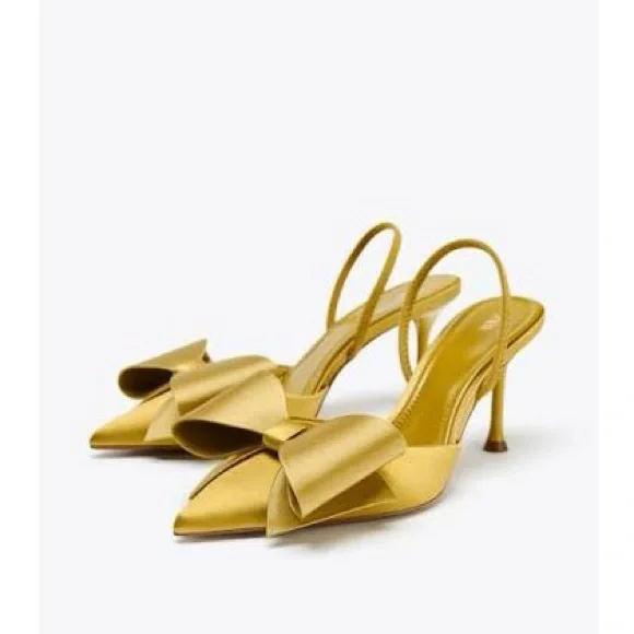 ZARA SATIN-EFFECT SLINGBACK HEELS - Mustard - Picture 2 of 5